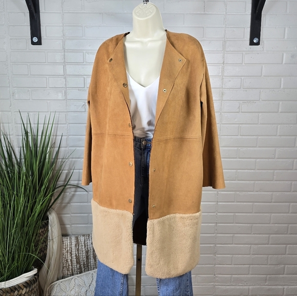 Zara Faux Suede Tan and Cream Fur Trimmed Jacket Oversized Small - Picture 3 of 13